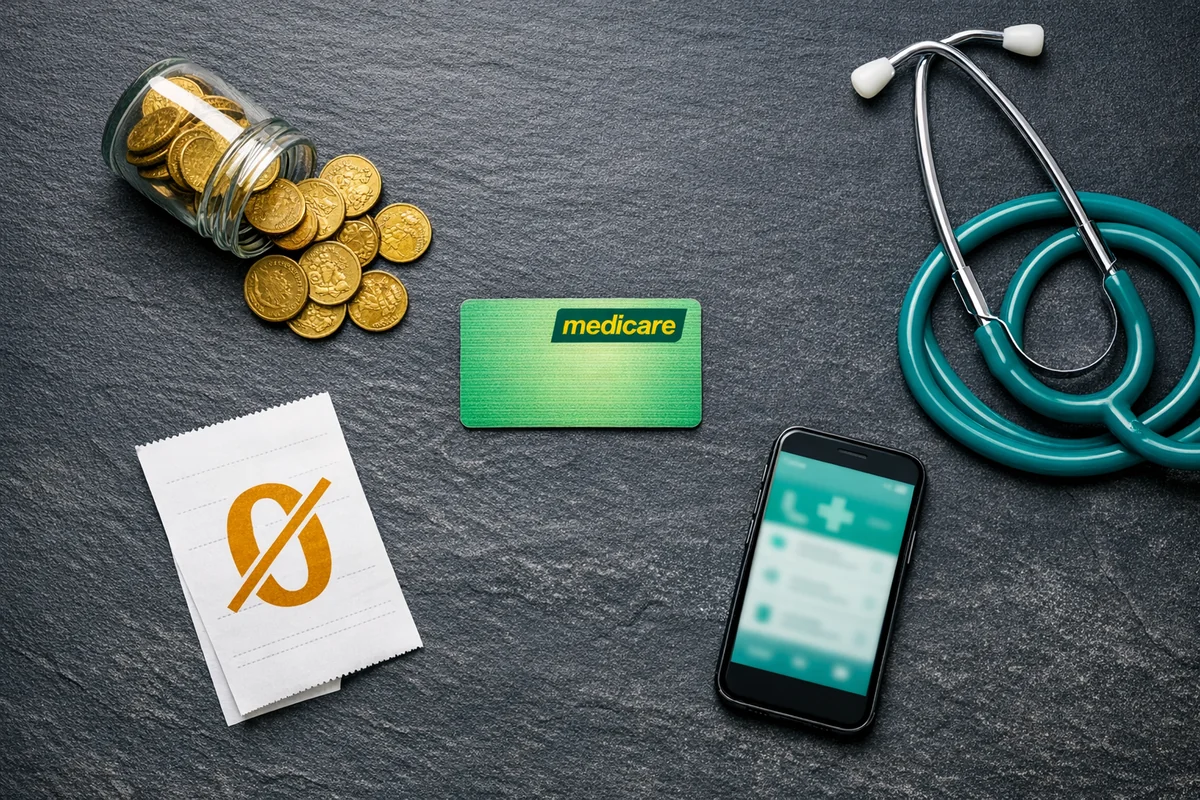 Abstract illustration of Medicare bulk billing and telehealth with teal and gold tones