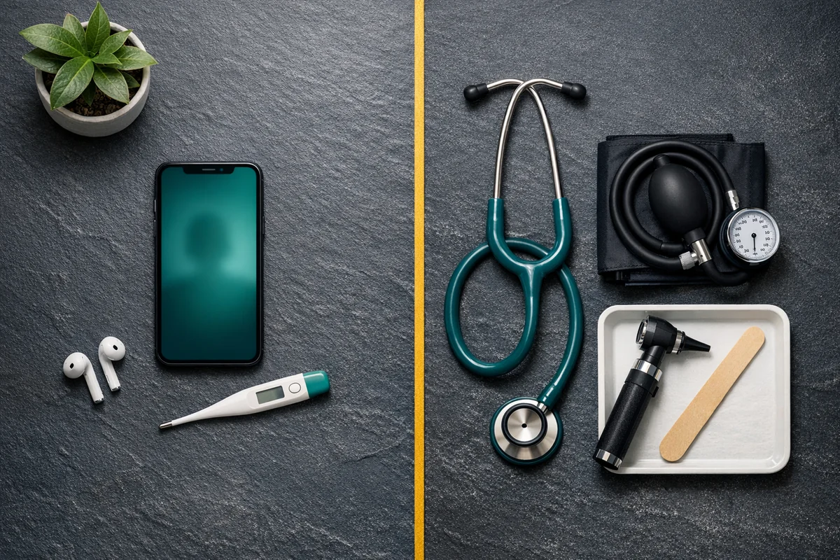 Abstract split illustration comparing digital telehealth and in-person consultations