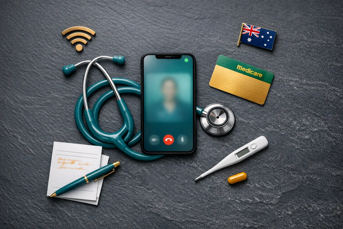 Flat-lay illustration of telehealth essentials on dark charcoal slate with smartphone, stethoscope, Medicare card and prescription pad